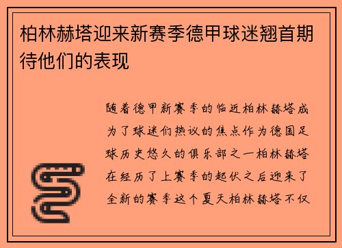 柏林赫塔迎来新赛季德甲球迷翘首期待他们的表现