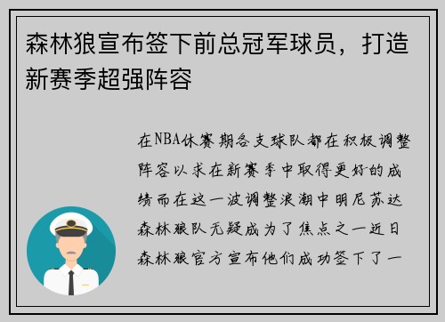 森林狼宣布签下前总冠军球员，打造新赛季超强阵容