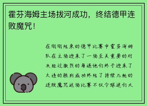 霍芬海姆主场拔河成功，终结德甲连败魔咒！