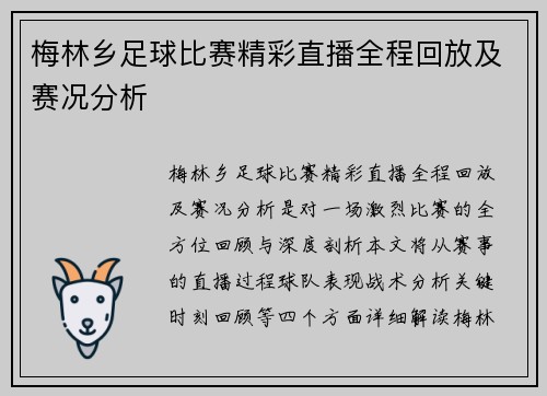 梅林乡足球比赛精彩直播全程回放及赛况分析